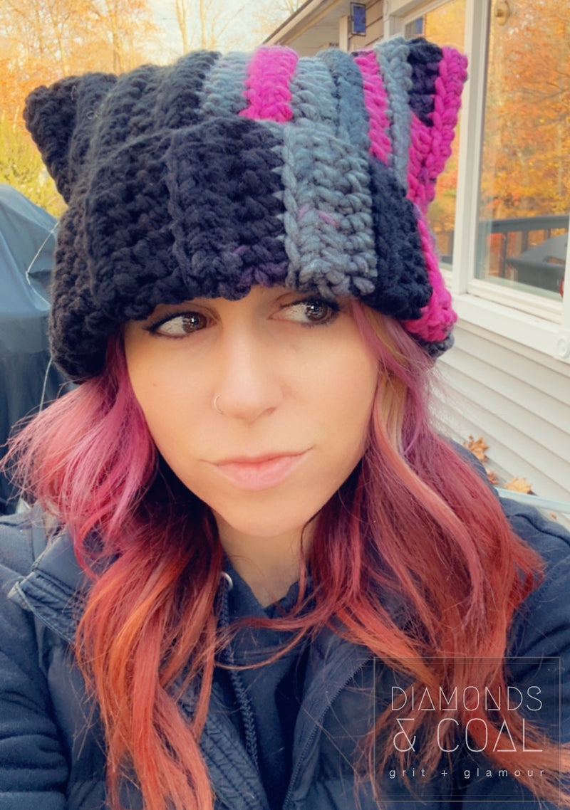 Cat Ear Fold Over Beanie - Black Raspberry Split