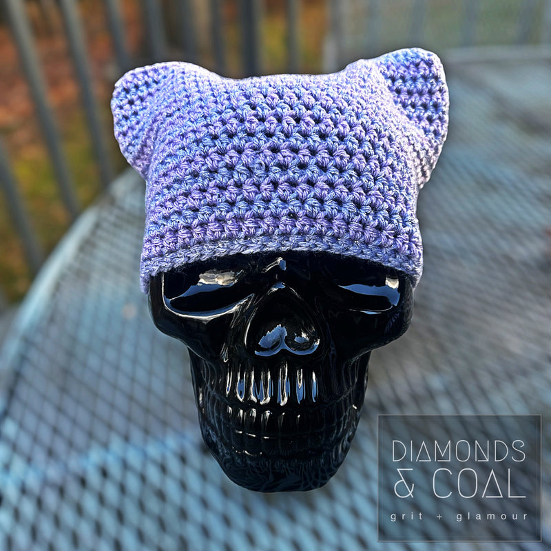 Cat Ear Striped Beanie - Lavender Sparkle and Grey Sparkle