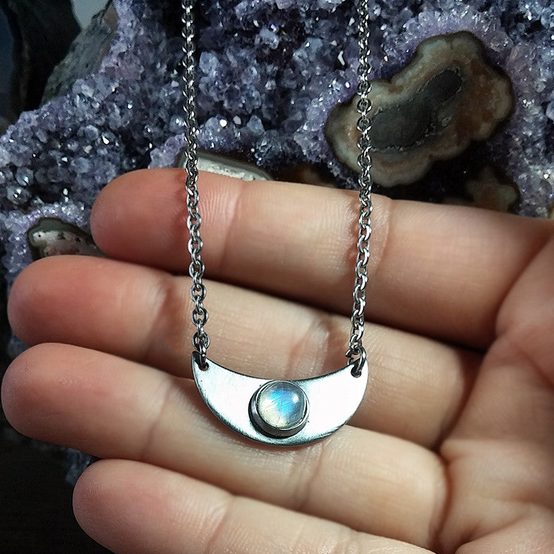 Rainbow Moonstone Crescent Moon Necklace