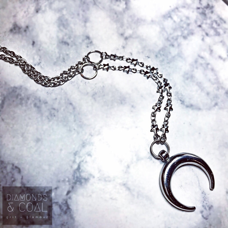 Stainless Steel Crescent Moon and Stars Necklace - AS SEEN ON MIDNIGHT TEXAS