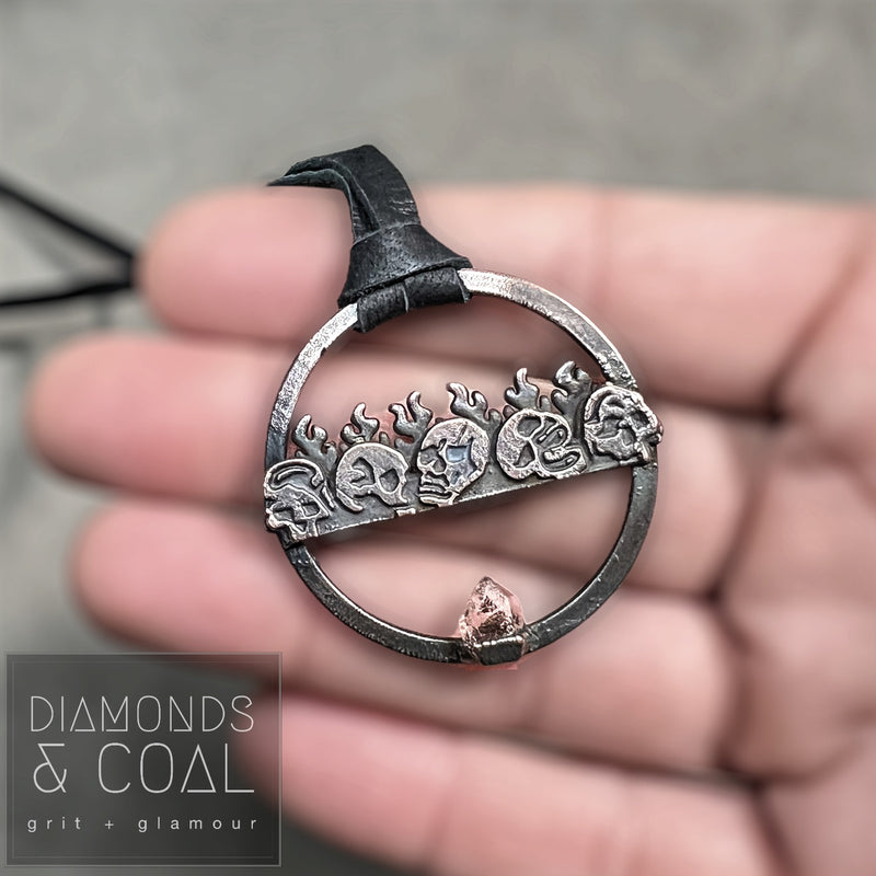 Electroformed Skull Flame Herkimer Diamond Necklace