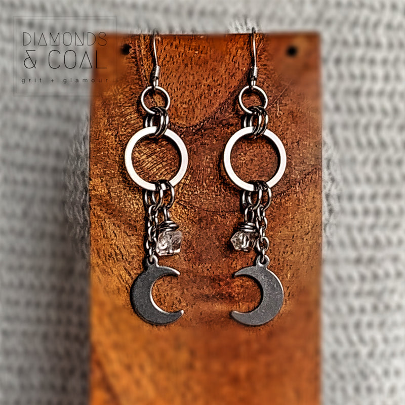 Stainless Steel Herkimer Diamonds Crescent Moon Earrings